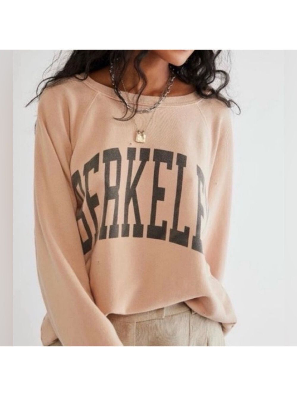 Free People Retrobrand BERKELEY Oversized Distressed Sweatshirt SZ XL Tan